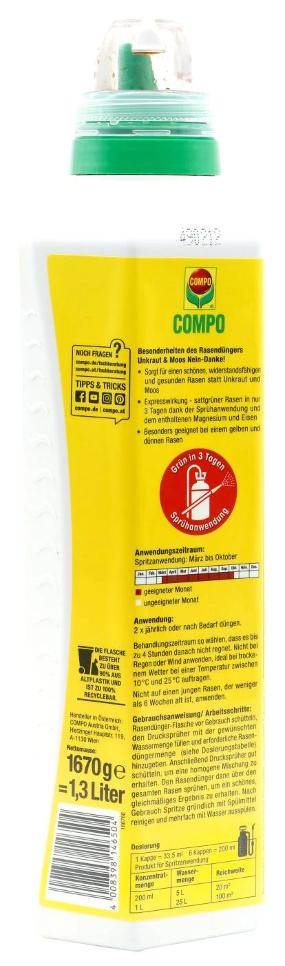 Compo Rasendünger Unkraut & Moos Nein Danke! - 1,3 L 4 Compo Rasendünger Unkraut & Moos Nein Danke! - 1,3 L – Bild 2