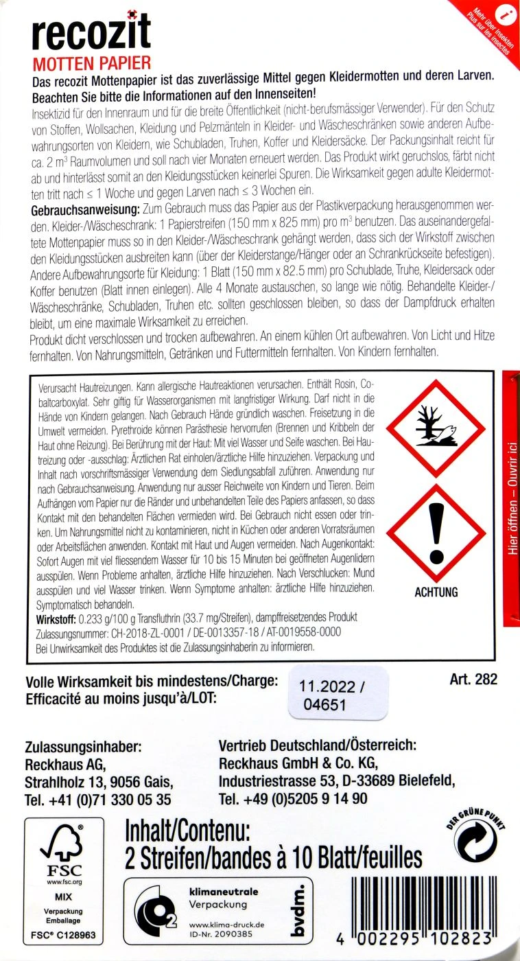 Recozit Mottenpapier - 2 Stück 4 Recozit Mottenpapier - 2 Stück – Bild 2